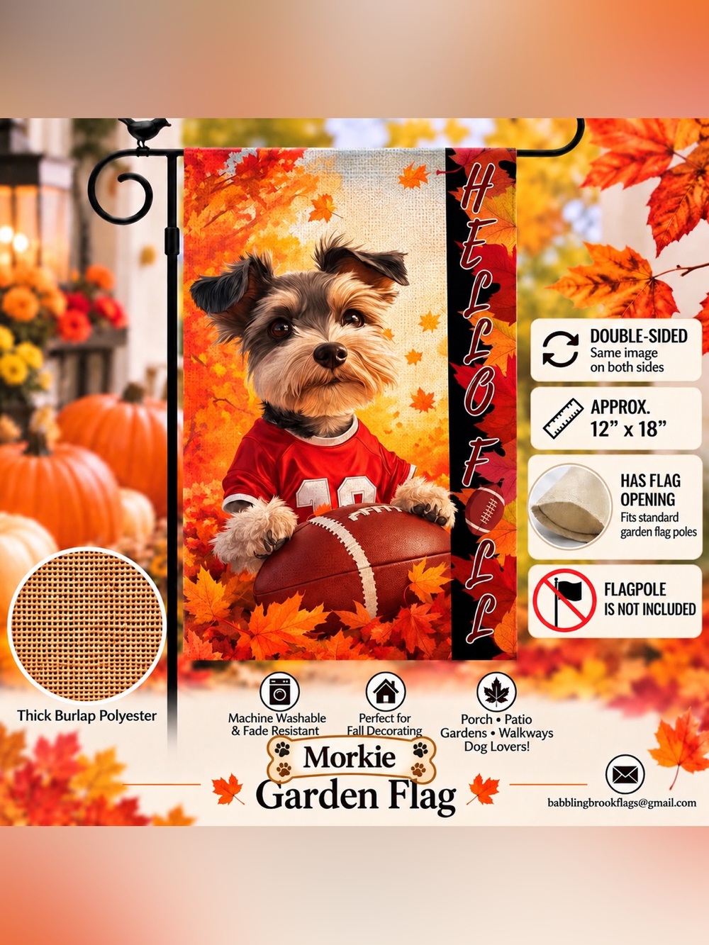Garden Flag, Hello Fall Yorkie football, burlap polyester, double sided, 12”x18”